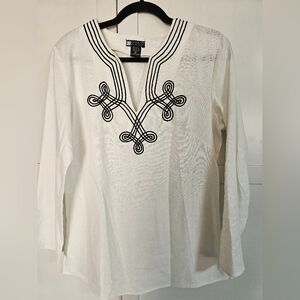 Carole Little White Black Embroidered Linen Rayon Blend Tunic Top Size M Unworn